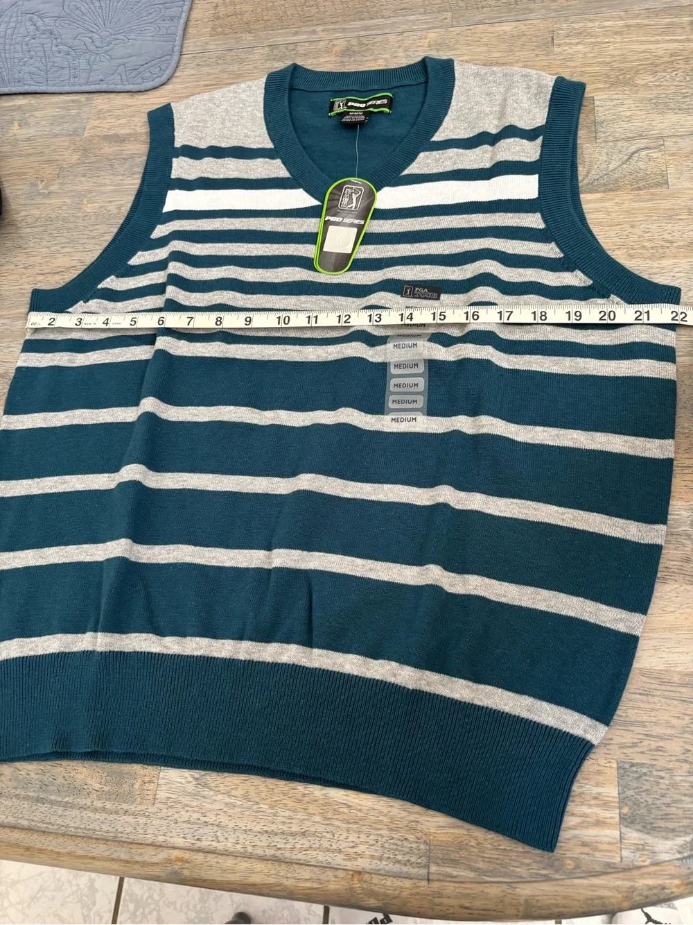 PGA Tour Teal, Gray & White Striped V-Neck Sweater